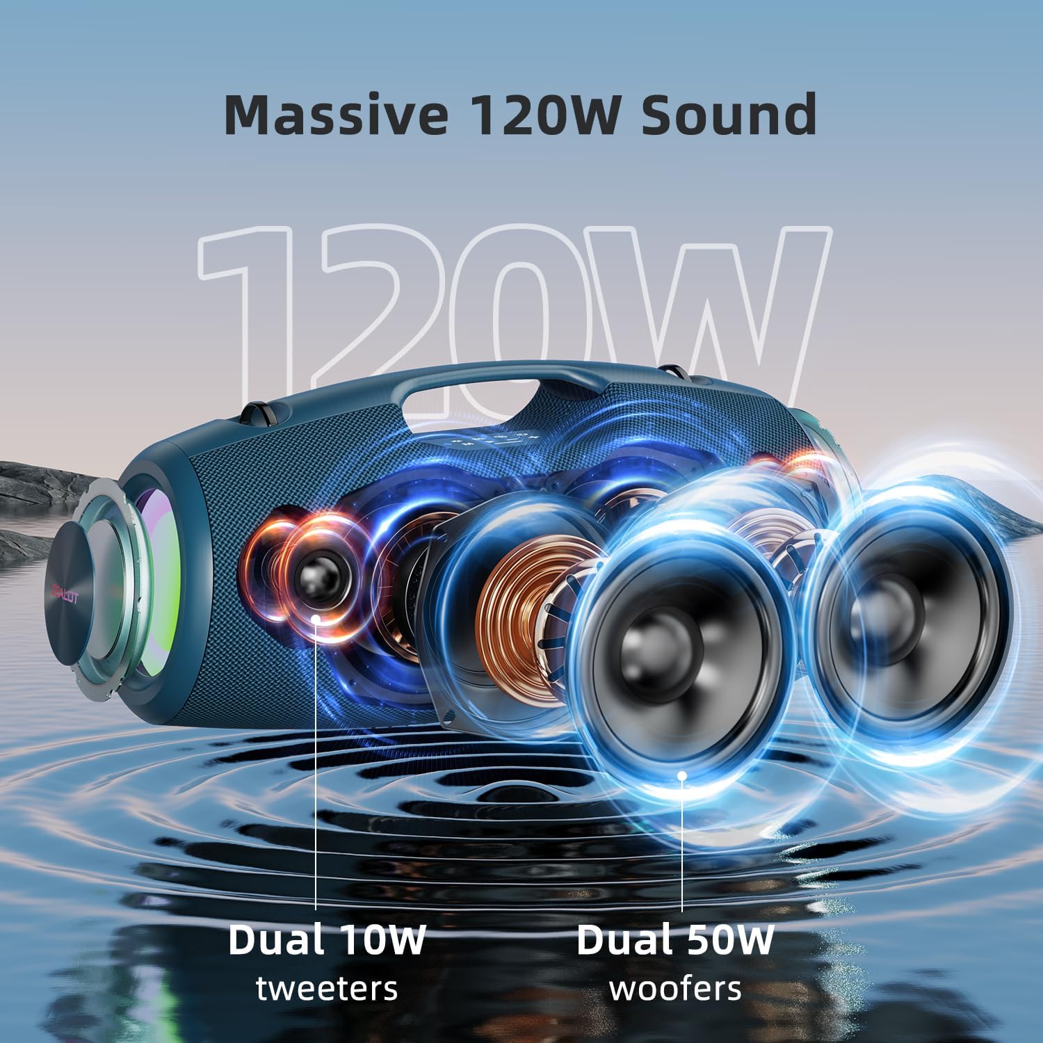 ZEALOT Bluetooth Speaker,120W Wireless Speakers with Booming Bass,IP67 Waterproof Speaker with LED Light, BT 5.2, Loud Bluetooth Speakers for Camping,Beach,Gifts(Blue)