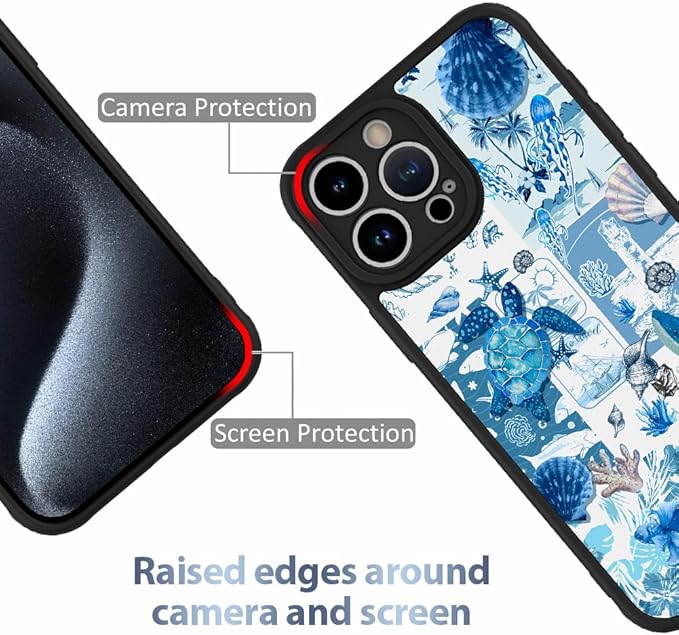 AIGOMARA Case for iPhone 15 Pro Max [Compatible with MagSafe] Blue Turtle Shell Ocean Collage Pattern Design for Women Girls Men Soft TPU Bumper Hack PC Back Shockproof Protective Slim Magnetic Cover