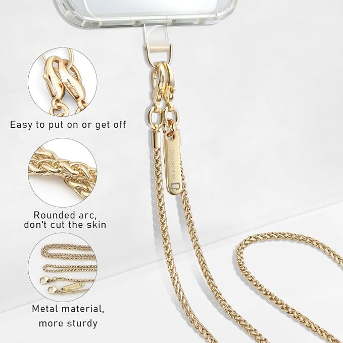Metal Phone Chain, Crossbody Detachable Phone Lanyard with 1*Wrist Strap & 2* Tether Tabs for iPhone and Smartphones (Gold,Long)