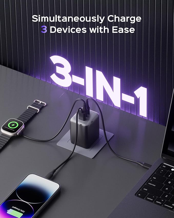 100W USB C Charger Block, 3-Port Compact Foldable Power Adapter USB Wall Charger for MacBook Pro/Air, Dell XPS, iPad Pro, iPhone Series, Galaxy S25/S24, and More (Black)