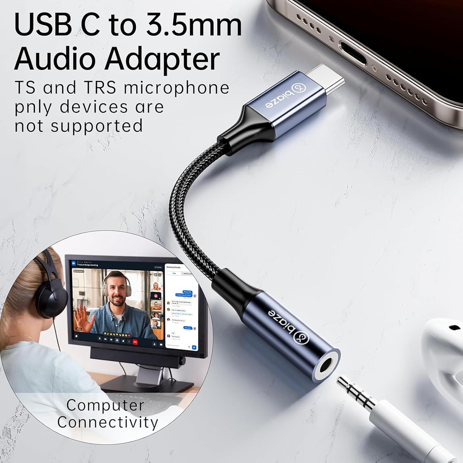 USB C to 3.5mm Headphone Jack Adapter, USB C to Aux Audio Dongle Adapter Compatible with Samsung Galaxy S10/S20/S21, Pixel 4/+ 4XL, and More Type C Devices