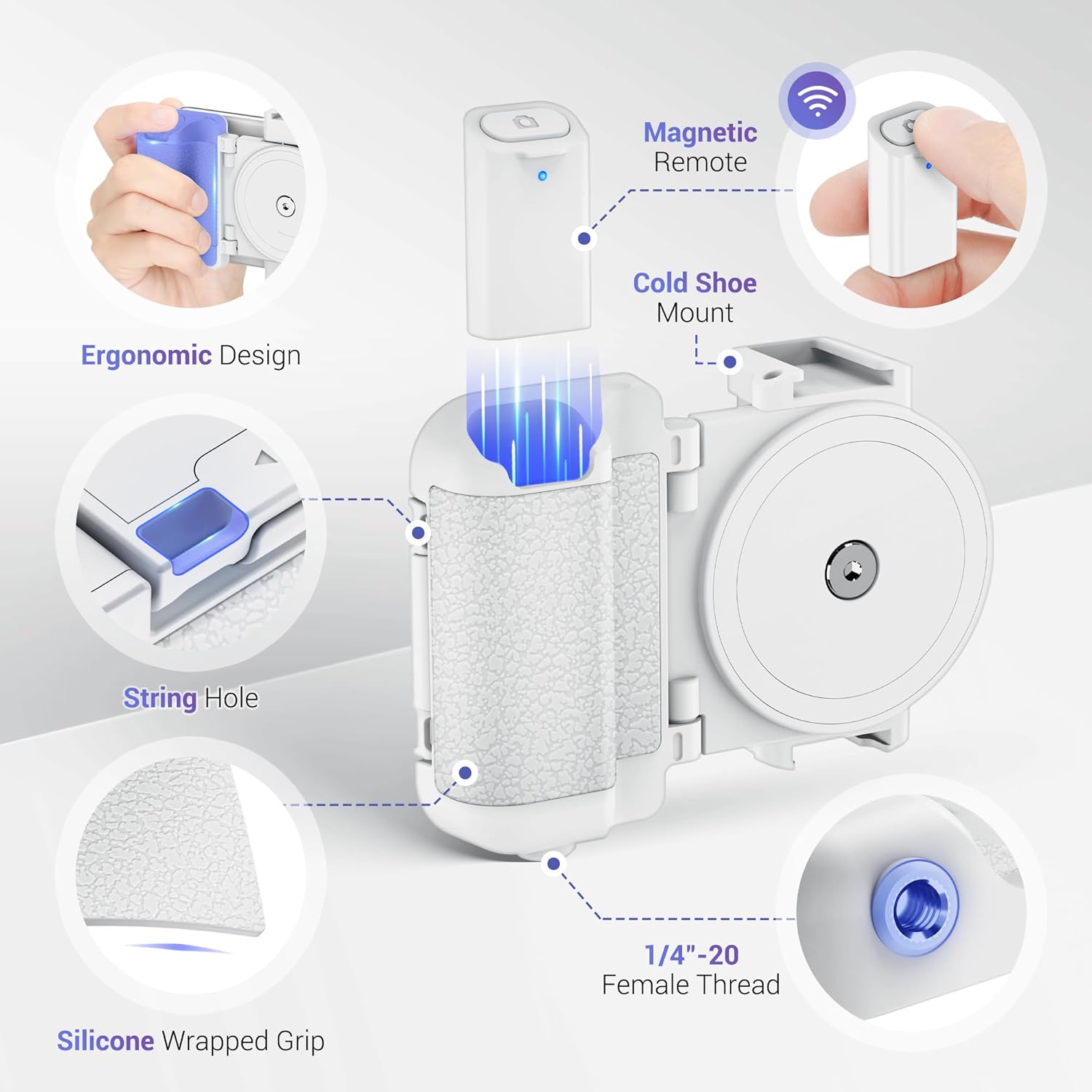 KIWIFOTOS Phone Camera Grip Smartphone Tripod Mount Handle Holder for iPhone 15 14 Pro Max S23 S22 Ultra with Bluetooth Shutter and Cold Shoe Adapter Selfie Vlog Video Shooting-White