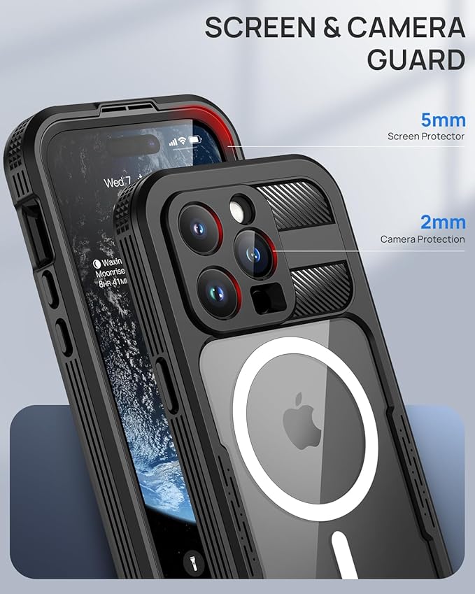 Lanhiem Magnetic for iPhone 15 Pro Case, IP68 Waterproof Dustproof Case, [Compatible with Magsafe] [Built-in Screen Protector] Full Body Heavy Duty Rugged Phone Cover 6.1 inch, Black