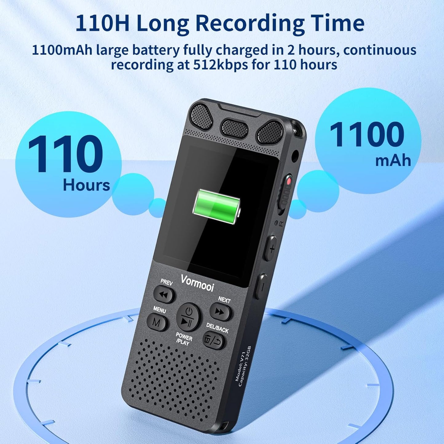 160GB Digital Voice Recorder with Playback - 110 Hours Ultra-Long Continuous Recording, Vormooi 1536Kbps Voice Activated Audio Recorder with External Microphone for Lecture Interview Meeting