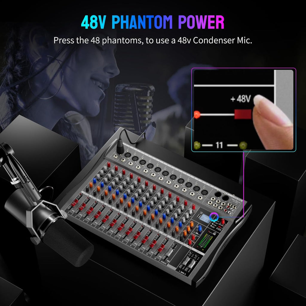 Professional DJ Audio Mixer, 12 Channel Audio Mixer, Bluetooth Sound Mixer, USB Interface, 12 XLR Mic/Line Input, AUX, FX Processor MP3, Headphone,+48V Phantom For Karaoke Studio Streaming Recording