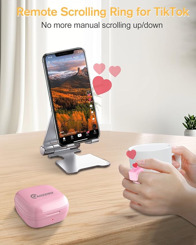 ADZERD Remote Control for TikTok, Page Turner for iPhone/iPad, Bluetooth Camera Video Recording Remote, Scrolling Ring for TIK Tok, Compatible with iOS/Android Phones & Tablets - Pink