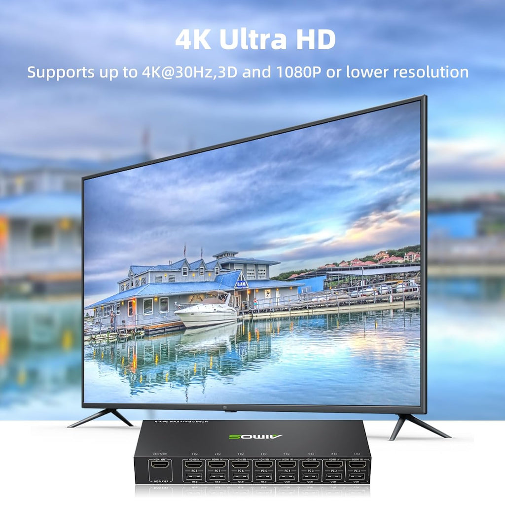 HDMI KVM Switch 1 Monitor 8 Computers 4K@30Hz, 8 Port HDMI KVM Switches for 8 Computers Share 1 Monitor Keyboard and Mouse, Support Hotkey Switch, Remote Control and 8 USB Cables Included