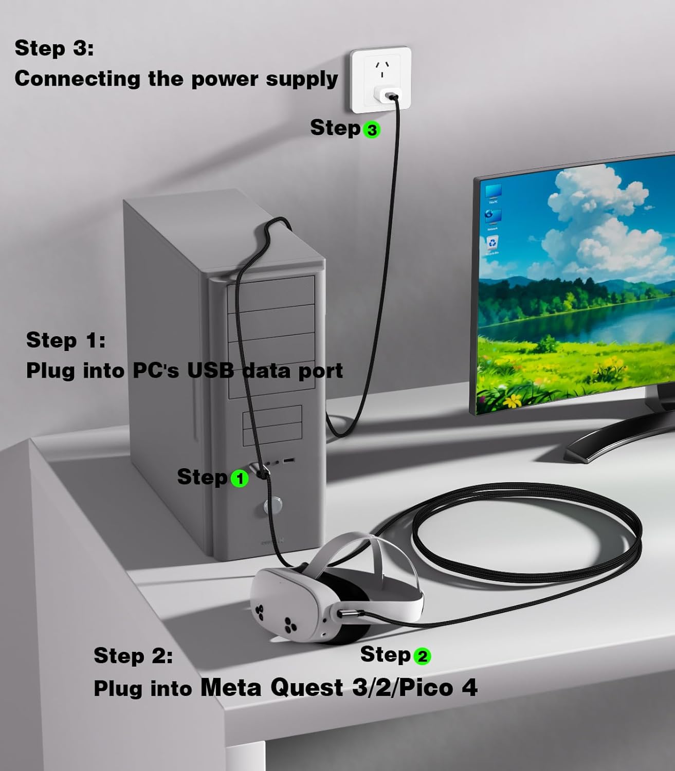 16FT VR Charging Link Cable | USB 3.0 High-Speed Data & Charge for Meta Quest 3S/3/2/Pro, Pico 4 and PC/SteamVR USB-C Charger Cord for VR Headset - Gray