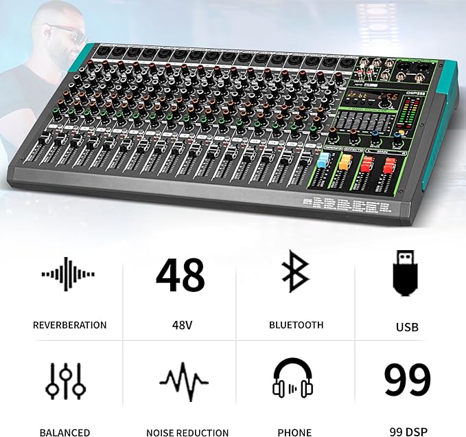Depusheng PA16 Professional Audio Mixer Sound Board Console Desk System Interface 16 Channel Digital USB Bluetooth MP3 Computer Input 48V Phantom Power Built-in 256 Reverb Effect, Black