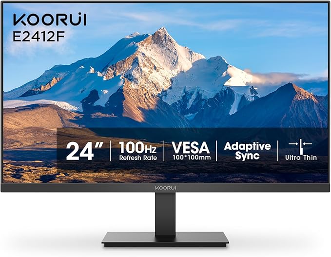 KOORUI 24-inch Computer Monitor Full HD 1920 x 1080p 100Hz VA Display 3000:1 Contrast Ratio with HDMI VGA, Three-Sided Slim Bezels, Freesync, 100 x 100 mm VESA Mountable, Ergonomic Tilt, Black