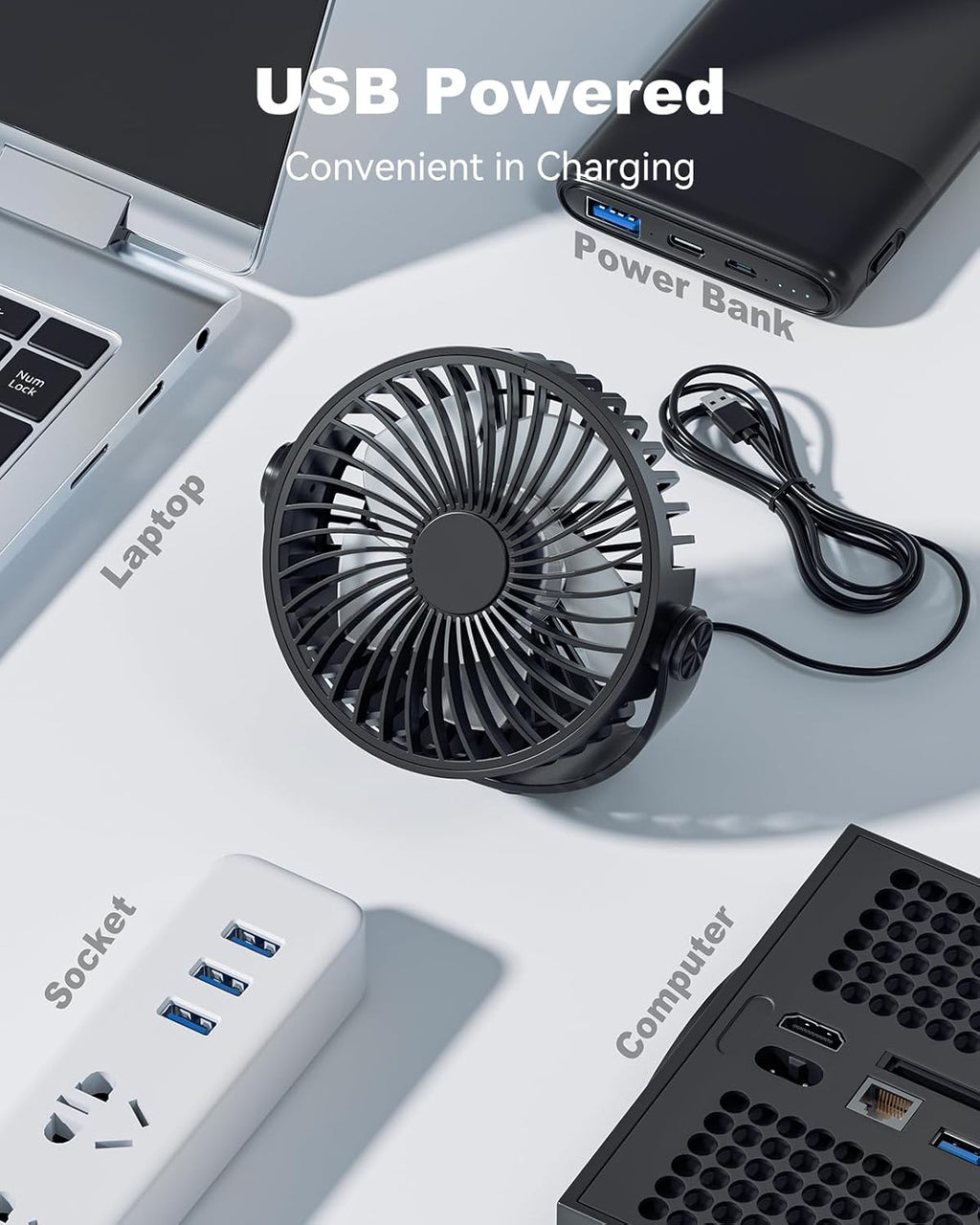 USB Desk Fan, 5 Inch Mini Portable, 3 Speeds Strong Airflow Personal Desktop, Detachable Cooling Fan 360° Rotation Quiet Small Fan for Desk Home Office Travel Car, Black, 5ft Cable