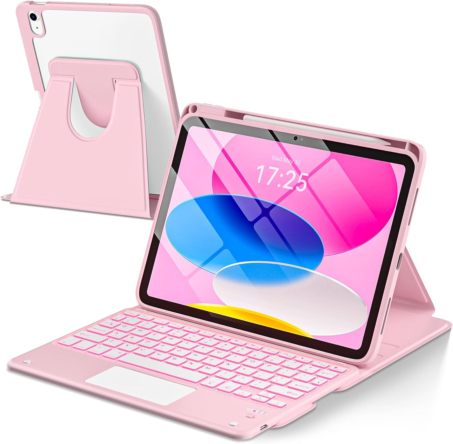 TaIYanG Touchpad for iPad A16 11th/10th Generation Case with Keyboard, 7 Color Backlit 360 Rotation Cover with Pencil Holder,Detachable Keyboard for iPad 11 inch 2025/10th Gen 10.9'' 2022 (Light Pink)
