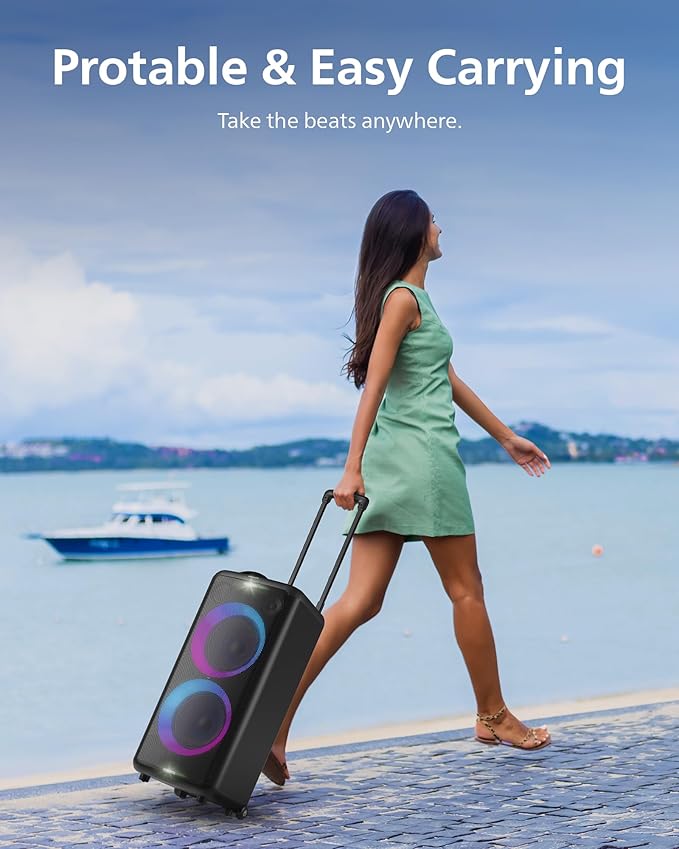 Philips X5206 bluetooth party speaker, portable with wheels, exciting light show, karaoke machine with microphone and Guitar Input, powerful bass & subwoofer, long playtime, perfect for outdoor events