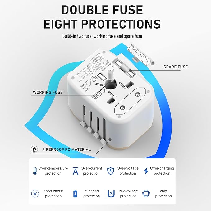 Universal International Power Travel Plug Adapter, 5 in 1 European Travel Plug Adapter W/ 3.5A 2xUSB-A and 2xUSB C Wall Charger and Worldwide AC Outlet for Europe USA UK AUS Asia (White Gold)