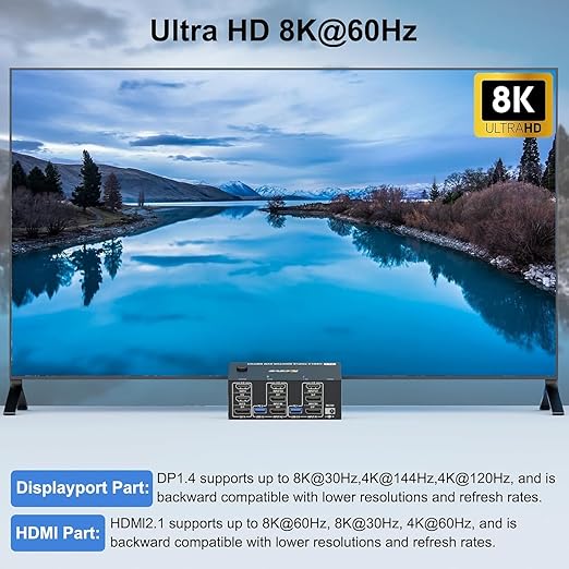 HDMI Displayport KVM Switch 3 Monitors 2 Computers 8K@60Hz/4K@144Hz, USB3.0 KVM Switches for 2 PC Sharing Triple Monitor and Keyboard Mouse with Power Adapter,Wired Extend Controller and USB3.0 Cables