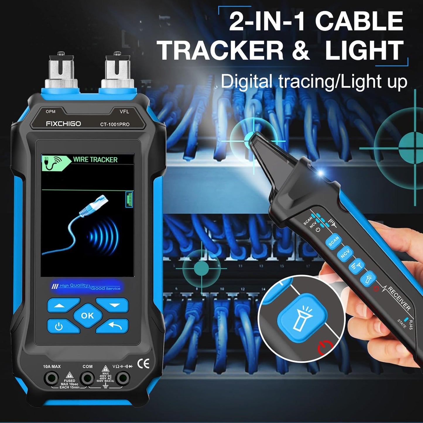 11 In 1 Network Cable Tester with 60000 Digit Multimeter 7 Wavelengths OPM 10Km/10mW VFL 600M Measurable Length 100 Records Tool Kit for CAT5 CAT6 Telephone Ethernet RJ11 RJ45 PoE Wire Tracer NCV,Blue