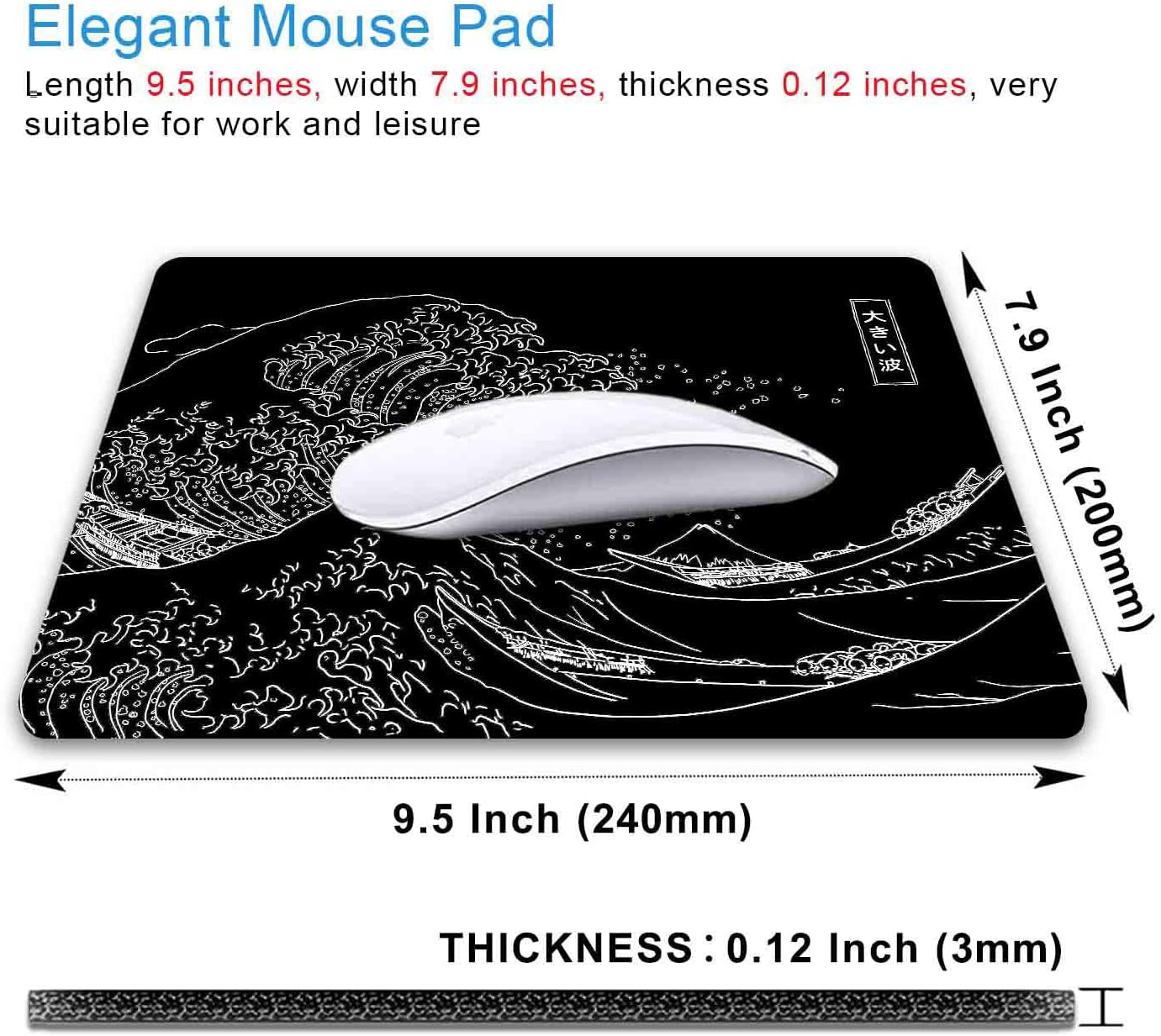 IMAYONDIA Japanese Great Wave Mouse Pad, Black Anime Gaming Mouse Pad, Kanagawa Mousepad, Non-Slip Rubber Base Computer Mice Pad for School Home Office, 9.5 x 7.9 Inch