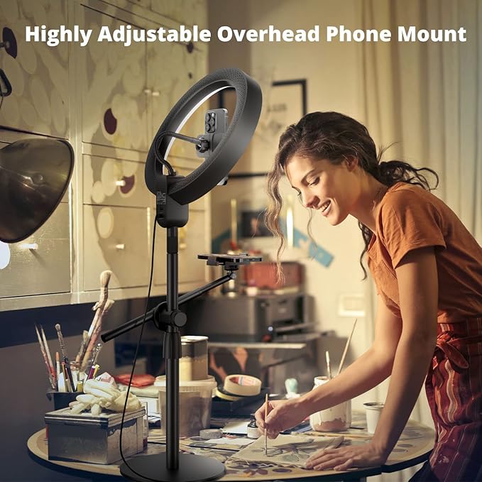 12" Ring Light with Stand and Phone Holder,Overhead Phone Stand,2 Phone Holders,2700-6500K,3 Color Modes,10 Brightness Levels,Remote Control,Adjustable,Live Stream,Tiktok/YouTube