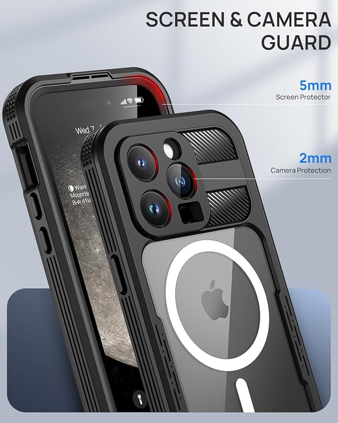 Lanhiem Magnetic for iPhone 15 Pro Max Case, IP68 Waterproof Dustproof Case, [Compatible with Magsafe] [Built-in Screen Protector] Full Body Heavy Duty Rugged Phone Cover 6.7 inch, Black/Clear