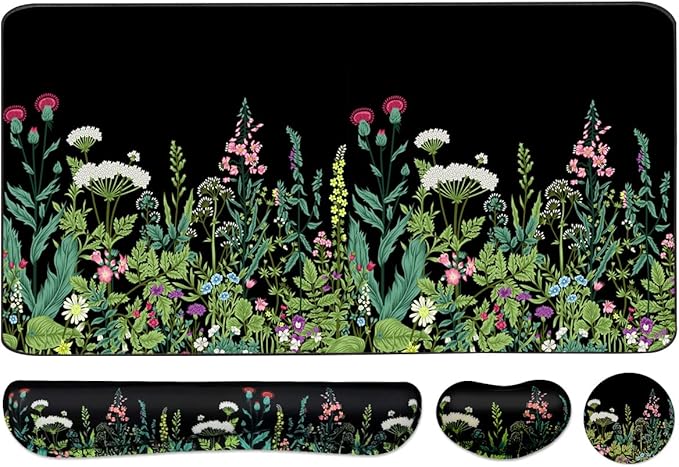 Keyboard Mouse Pad Set, Extended Mouse Pad+Keyboard Wrist Rest Support, Memory Foam Ergonomic Easy Typing, 3Pcs (35.4×15.7 in) Desk Pad Set for Home Office Study Game - Weeds
