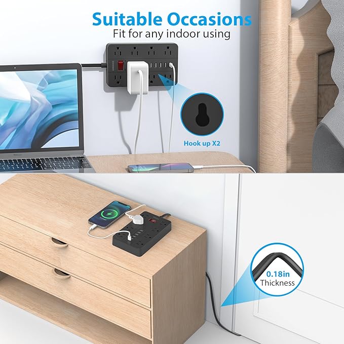 10 Ft Extension Cord Surge Protector, SMNICE 8 Widely Spaced Outlets and 6 USB (1 USB C) Charging Ports Flat Plug Power Strip, Desktop Power Cord for Travel Home Office Accessories Black