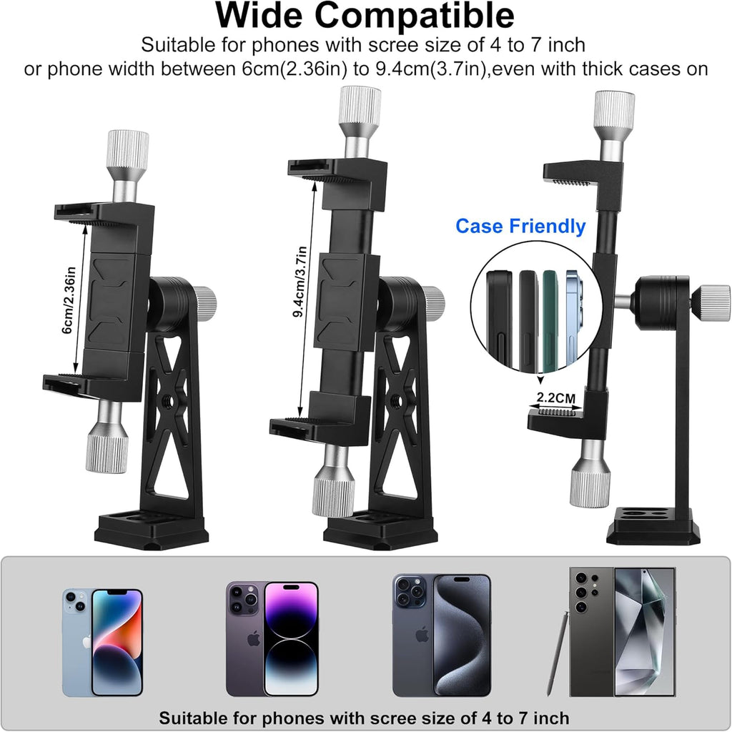 Peastrex Metal Phone Tripod Mount Extra Deep Clamp with Arca Port Cold Shoe 360°Ball Head Cellphone Tripod Adapter for iPhone Galaxy Smartphone Stand Holder for Vlogging Video Camera Monitor