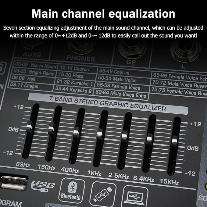 W IN-MIX DX12 Professional DJ Audio Mixer 12 Channel with 99 DSP Effects,7-band EQ,Independent 48V Phantom Power&Mute Button,Bluetooth Function,USB Interface Recording For Studio & Stage