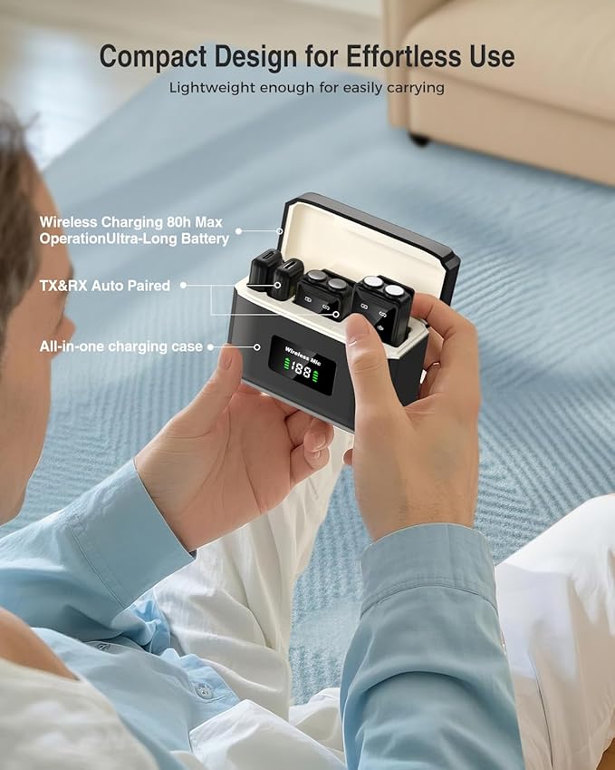 PQRQP Wireless Microphone for iPhone, iPad, Android(Lightning/USB C), Dual Microphones 20 H Battery Life, Mini Microphone, Cordless Double Mics for Video Recording, YouTube, TikTok, 164FT