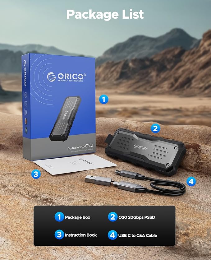 ORICO 1TB External SSD Up to 2000MB/s, Interface Extra Protection, Waterproof and Dust-Proof, Rugged and Reliable Outdoor Portable Solid State Drives for Action Camera, Smartphone, Laptop - O20