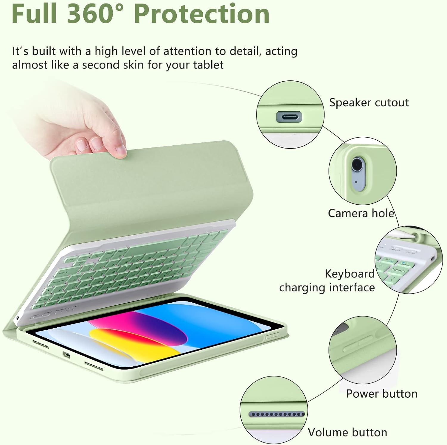 MMK iPad A16 Case (2025, 11"), iPad 10th Generation Case with Keyboard (2022, 10.9"), Wireless Detachable Keyboard, Pencil Holder (Green)