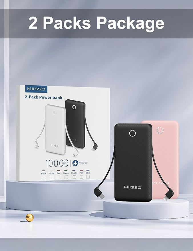 10000mAh Slim Portable Charger with Built in Cable, Power Bank Travel Charger External Battery Pack for Phone, 4 Output USB Type C Cord Clutch Charger Compatible with iPhone, 2 Pack Black & Pink