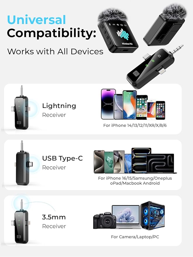3-in-1 Microphone for iPhone: Wireless Lavalier Microphone for Camera & Android - Mini Mic - 328ft Transmission & 20H Battery Life - Vlogging with AI Noise Reduction