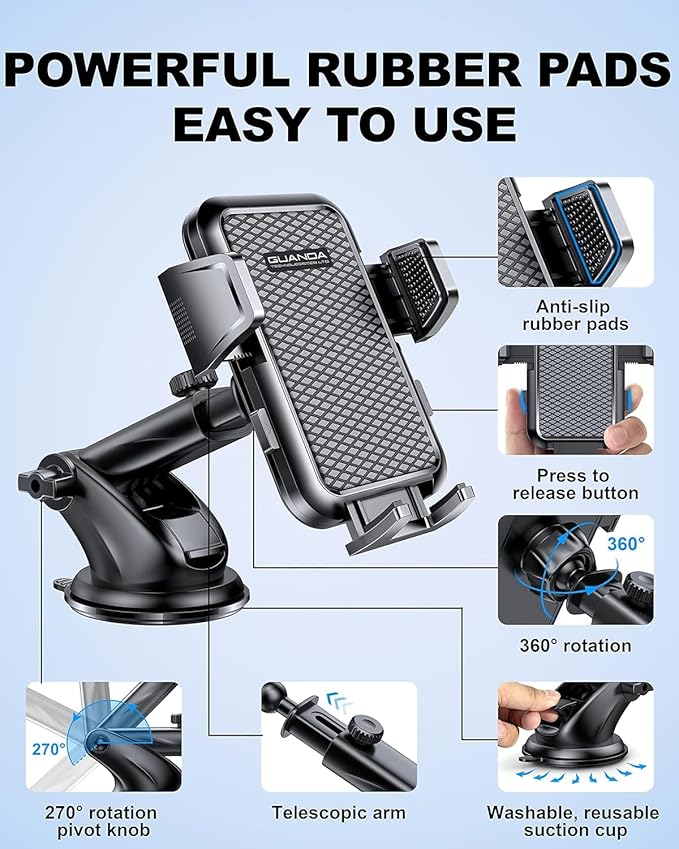 3-in-1 Car Phone Holder, Strong Suction Phone Mount for Windshield/Dashboard/Desk, Hands Free Dash Mounted Car Cell Phone Holder Stand, Truck Phone Holder for iPhone Samsung Android Smartphone