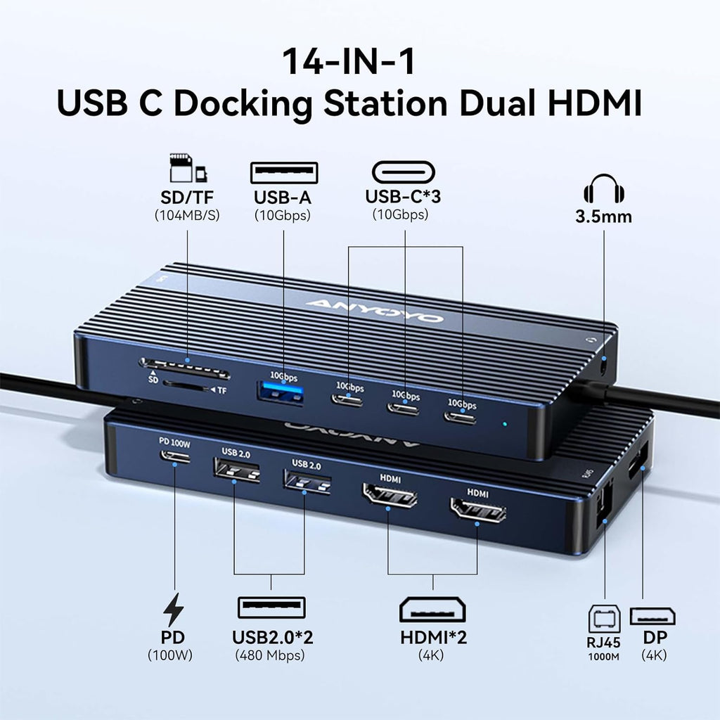 USB C Hub USB C Docking Station Dual Monitor14-IN-1 Triple Display Multiport Adapter with 2*HDMI +DP + 5*USB-A/C 10Gbps Ports+Ethernet +SD/TF Laptop Docking Station for HP/Dell/Lenovo/Thinkpad (Gray)