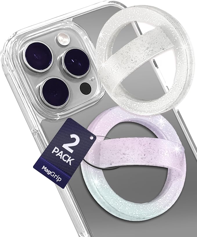 2-Pack Magnetic Phone Grip Holders Compatible with MagSafe, Soft-Touch Silicone Finger Loops for iPhone, Comfortable and Secure Fit (Clear Sparkle & Gradient Dream)