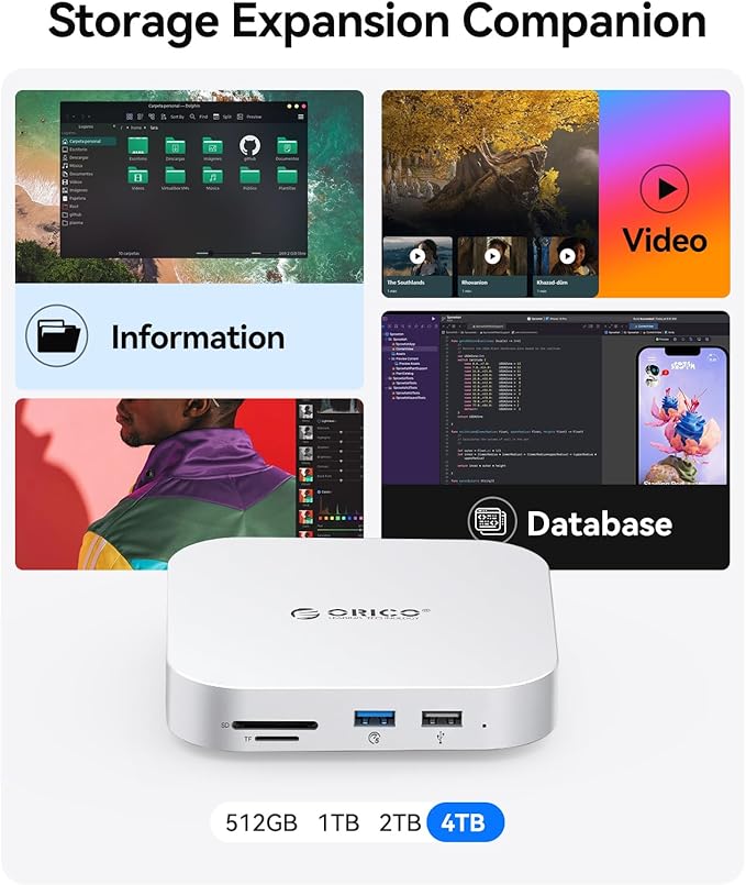 ORICO MiniMate SE Mac mini M4 2TB Storage & Docking Station, External SATA SSD (Non-Removable) 5Gbps(480MB/s), USB A*4, USB-C, SD/TF 3.0, 3.5mm Audio, Includes 2 Cables – M4SE