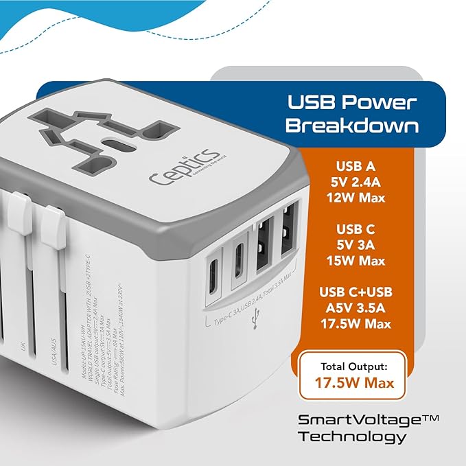 Ceptics Universal Travel Adapter 17.5W, 5 in 1 Universal Laptop Charger with 2X USB-A & USB-C 3.5A for Mobiles, Laptops, Cameras US, UK, EU, AU, All in 1 Type A, C, G, I Output, White
