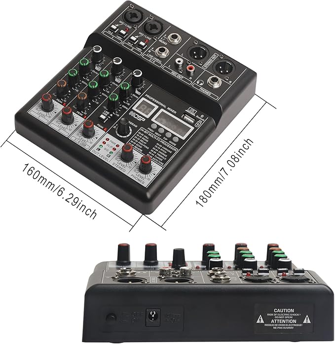 Dj Mixers, 4 Channel Audio Mixer, Sound Board with Bluetooth Player, Usb Audio Interface with 48V Phantom Power, Sounds Mixer Board with 99 DSP FX Reverb Delay Effect