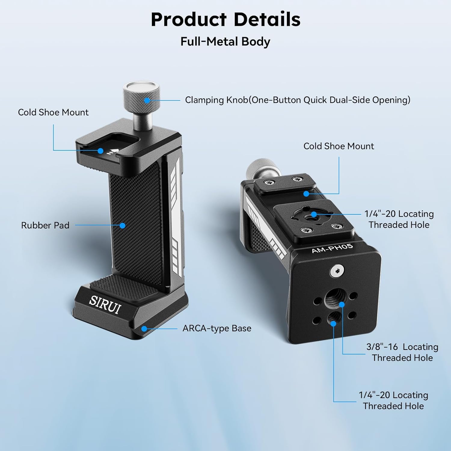 SIRUI Phone Mount for Tripod with Arca Base with 1/4"&3/8" Threaded Holes, Metal Tripod Cell Phone Clamp Holder with 2 Cold Shoes, Smartphone Adapter Compatible with iPhone, Galaxy, Pixel, AM-PH05