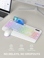Wireless Keyboard and Mouse Backlits, Wrist Rest, LED Mouse, Rechargeable Ergonomic Keyboard with Phone Holder, Silent Light Up Combo for Computer, Mac, PC, Laptop, Chromebook (White)