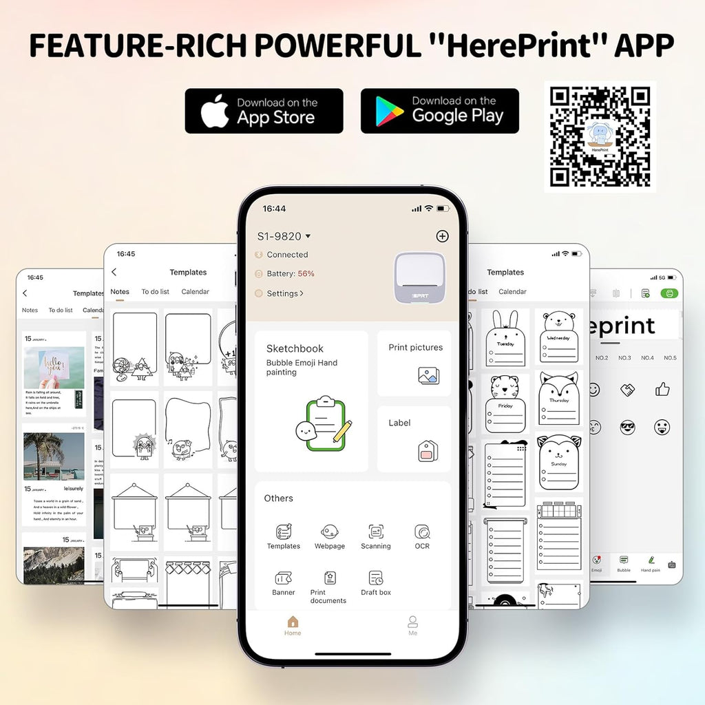 PRT Mini Sticker Printer, Portable Thermal Printer with 1 Roll Sticker Paper, Inkless Sticker Maker, Bluetooth Label Printer for Study Notes,Lists,Pictures,DIY Creations Small Printers for Home Use