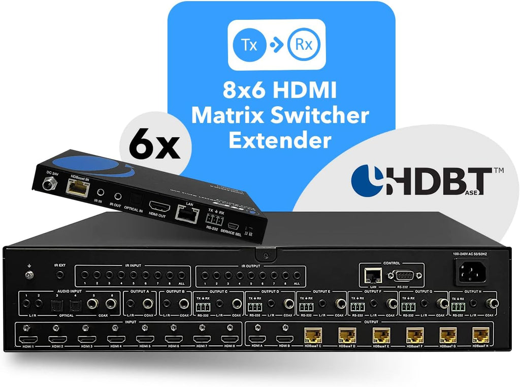 OREI 8X8 4K HDMI Matrix Switcher Extender - HDBaseT UltraHD 4K @ 60Hz 4:4:4 Over Single CAT5e/6/7 Cable with HDR, CEC & IR Control, RS-232 - Up to 400 Ft - Additional 8 Loop Out - 8 Receivers
