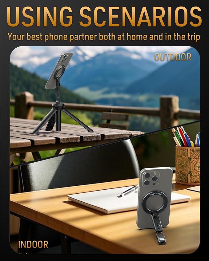 Magnetic Tripod Phone Mount,Travel Phone Grip for iPhone,Foldable Desk Stand Magnet Phone Holder, Phone Mount for Content Creator with 1/4" Hole&Cold Shoe for iPhone 16/15/14/13/12/Tripod