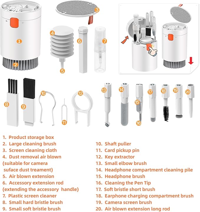 Laptop Phone Screen Cleaner Kit, Computer Keyboard Cleaning Kit, 20 in 1 Electronic Cleaning Kit with Brush and Spray Bottle for Airpods, Earbud, iPad, iPhone, Camera, Computer Cleaner (White)