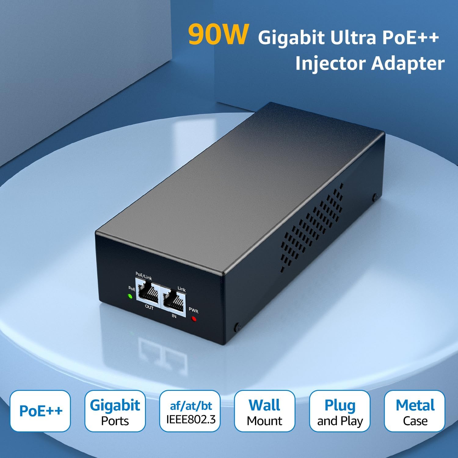 YuanLey Gigabit PoE Injector 90W, 10/100/1000Mbps PoE++ Injector Adapter, IEEE 802.3bt/at/af, Up to 325 Feet, Metal Case Desktop/Wall-Mount, Plug & Play