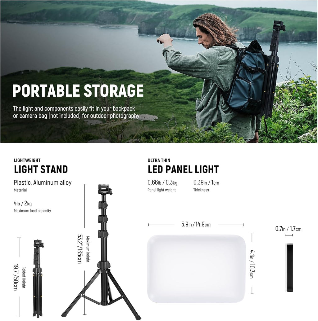 NEEWER Basics 2 Pack LED Video Light Panel Lighting Kit, Bi Color Dimmable Portable Studio Lights with Stands & Filters, 3200K-5600K 750lux CRI95 for Video Recording Live Streaming Photography, BP66