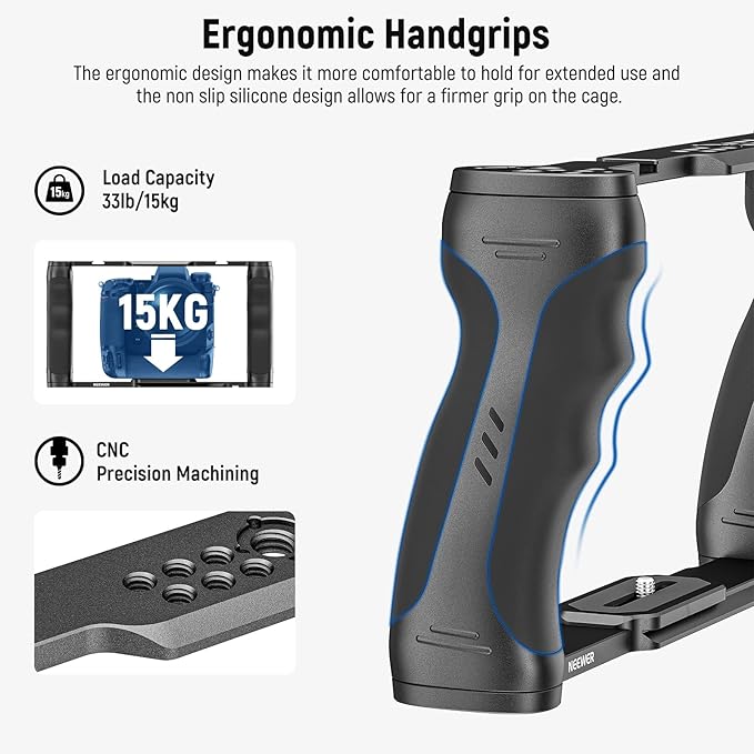 NEEWER Video Camera Cage Rig with Arca Type Base/Dual Grips/Expansion Holes/15mm Rods, Universal Stabilizer Compatible with Sony Canon Nikon DSLR/DSLM, Compatible with SmallRig Accessories, CA016