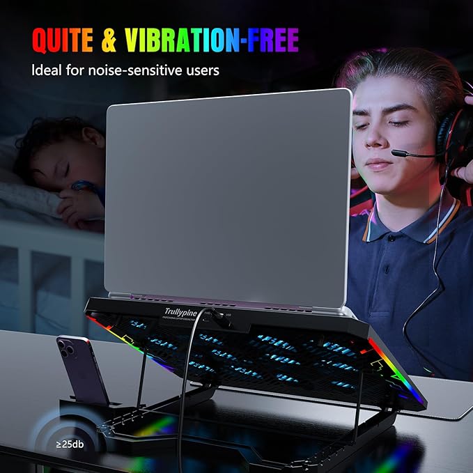 Laptop Cooling Pad with 12 Quiet Fans, Slim Portable for 12-17.3 Inch Laptop Cooler Stand, RGB Lighting, with 5 Height Adjustable, Gaming Cooling Fan Pad, USB/Type-C & Phone Holder (LCD)