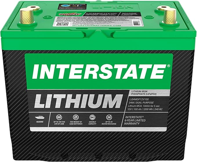 Interstate Batteries 12V 100Ah Group Size 24M Lithium Marine Dual Purpose Deep Cycle LiFePO4 Battery, Maintenance Free, Lightweight, Ideal For Boats with 1,000 Marine Cranking Amps (Li24MDP12V100)