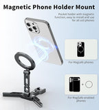 Magnetic Phone Tripod Stand,Foldable Cell Phone Holder for Magsafe with Arca-Swiss,1/4'' Screw Hole,Cold Shoe Mount,Pocket Mini Aluminum Selfie Stick Tripod Mount for iPhone/Android,Desk,Travel
